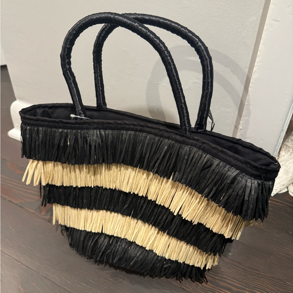 Black and Cream Fringe Tote Bag